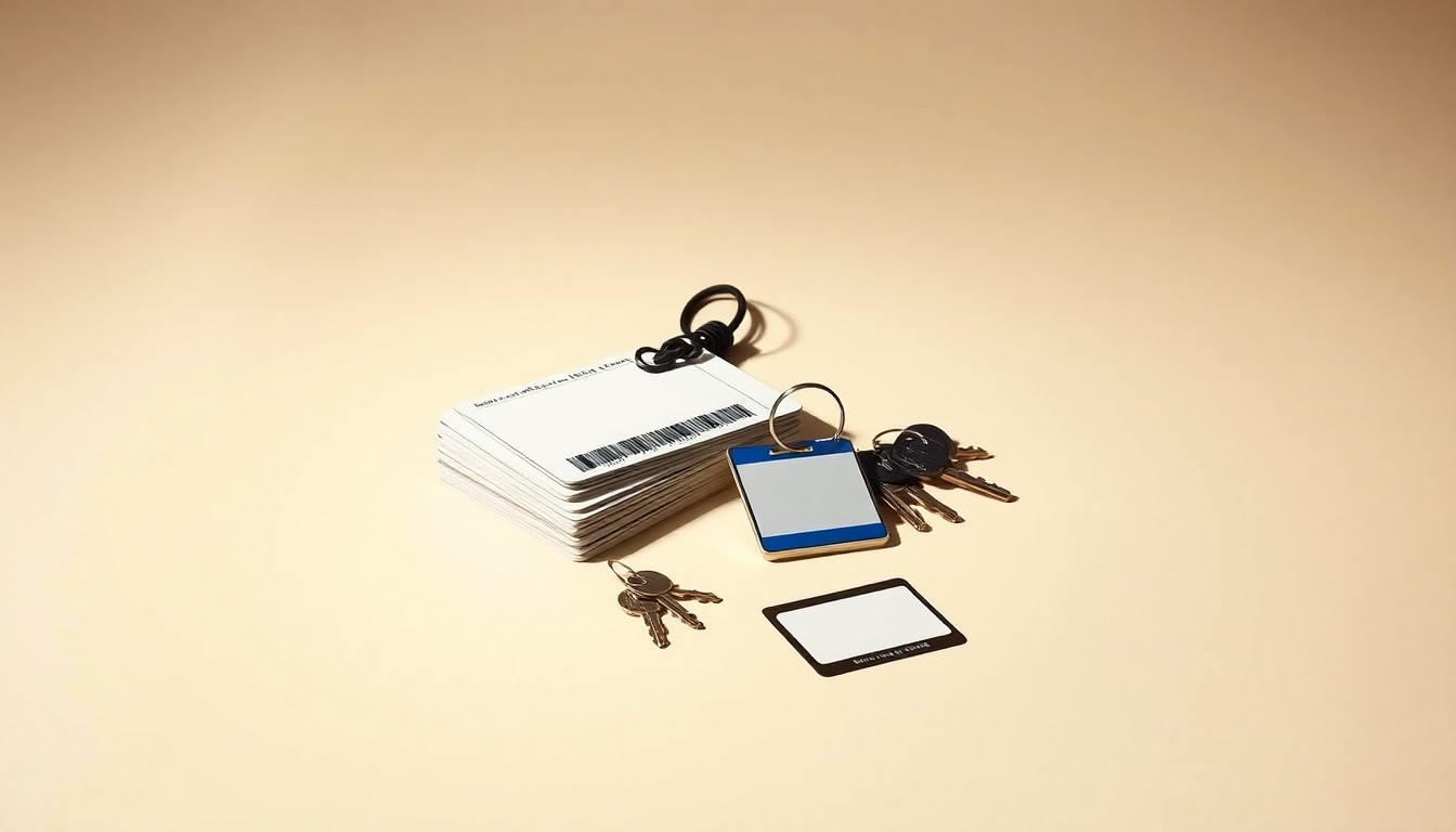 A minimalist studio still life photograph featuring a stack of employee ID badges, a set of keys, and a name tag on a clean, monochromatic background, representing the layoffs and transition in park operations.