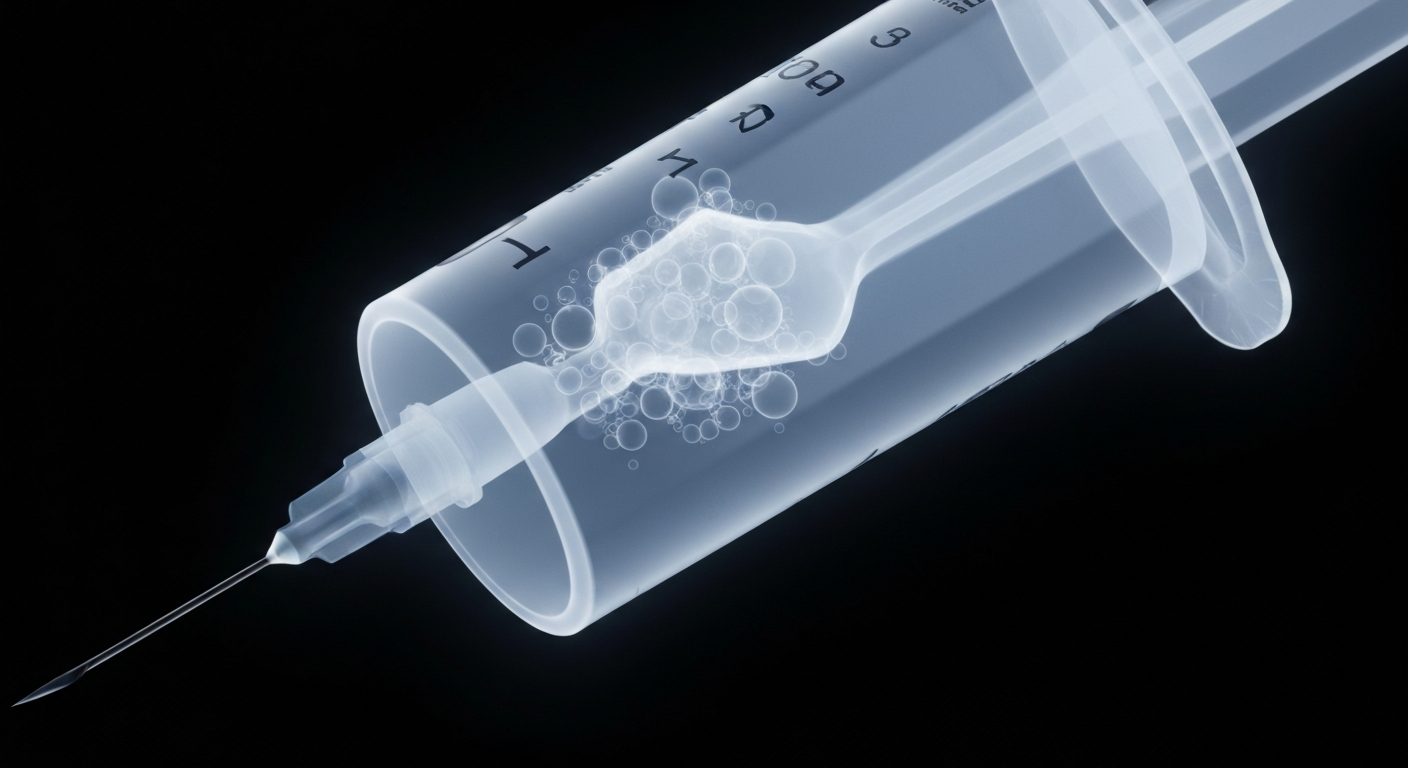 An extreme close-up, translucent X-ray photograph showing the internal structure of a syringe filled with a glowing, ghostly liquid substance, conceptually representing the dangerous and toxic nature of the 'rhino tranq' street drug.