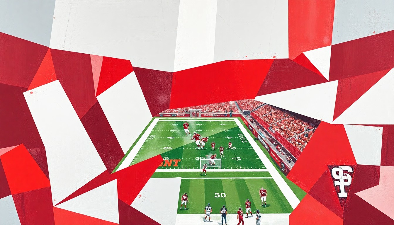 A fragmented, geometric painting depicting the dynamic movements and competing forces of a college football game, rendered in a cubist style with bold crimson, white, and gray tones.