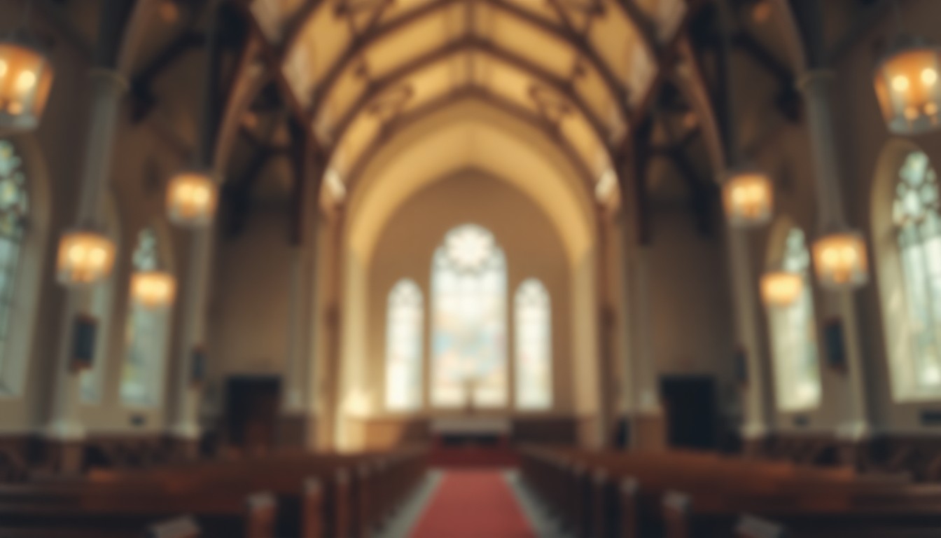 An abstract, impressionistic scene of a church interior filled with soft, diffused light and muted colors, conveying a sense of contemplative spirituality and community.