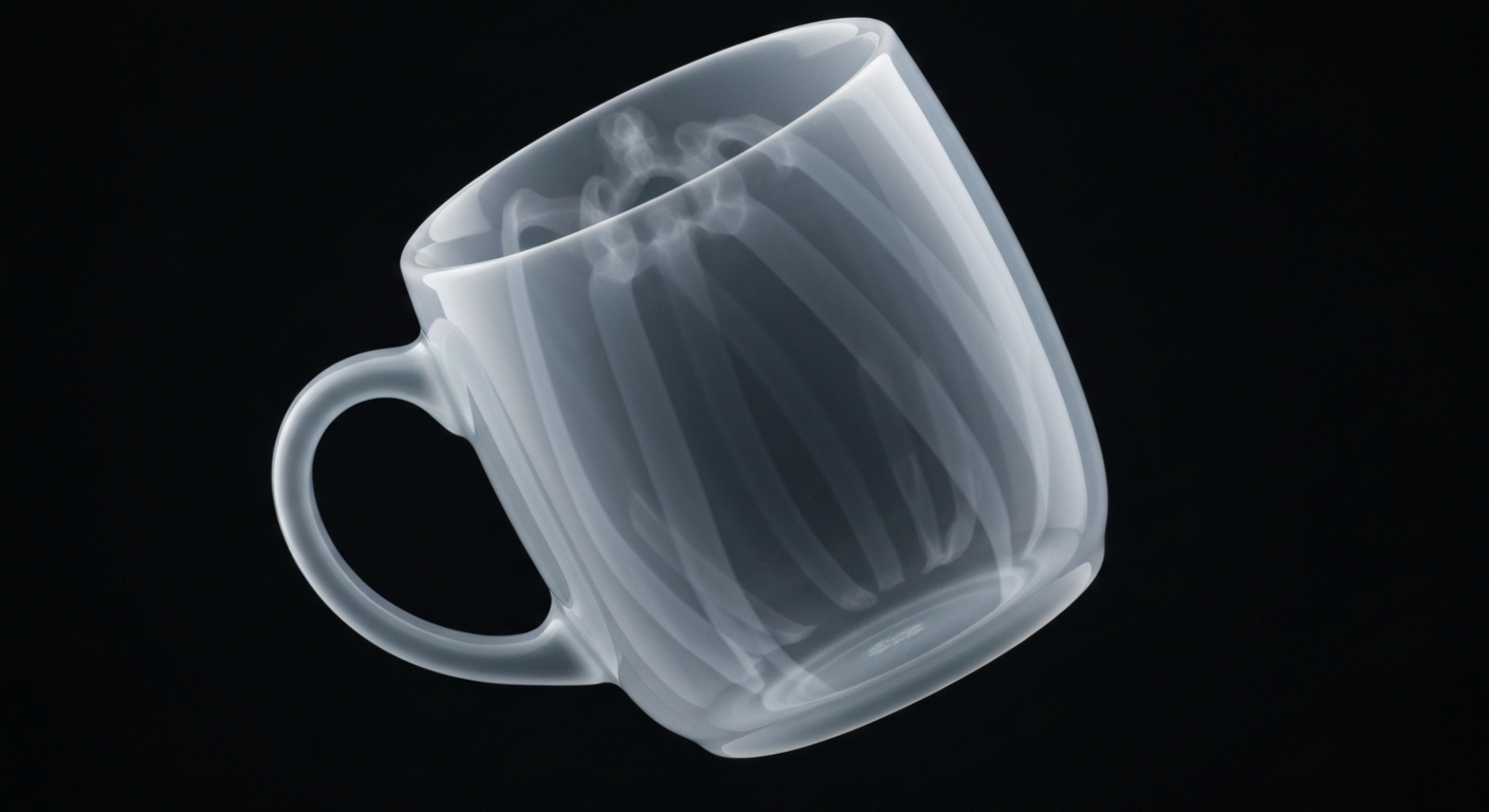 An extreme macro X-ray photograph revealing the internal structure of a ceramic mug, with the glaze and paint materials glowing in ghostly, translucent detail against a dark background, conceptually illustrating the hidden lead hazards in everyday household items.