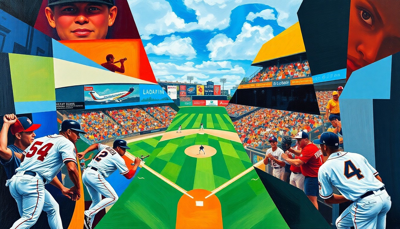 A cubist, geometric painting depicting a baseball game in motion, with the players and field fragmented into sharp, overlapping planes of color representing the competing teams.