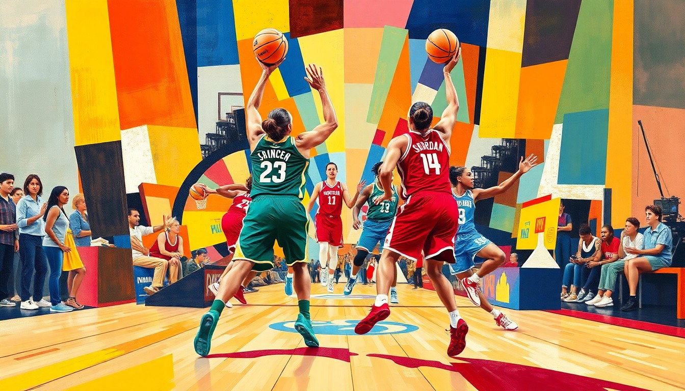 A cubist, geometric painting depicting a fragmented WNBA basketball game, with the bright colors of the Portland Fire and Toronto Tempo uniforms creating a dynamic visual representation of the league's expansion.