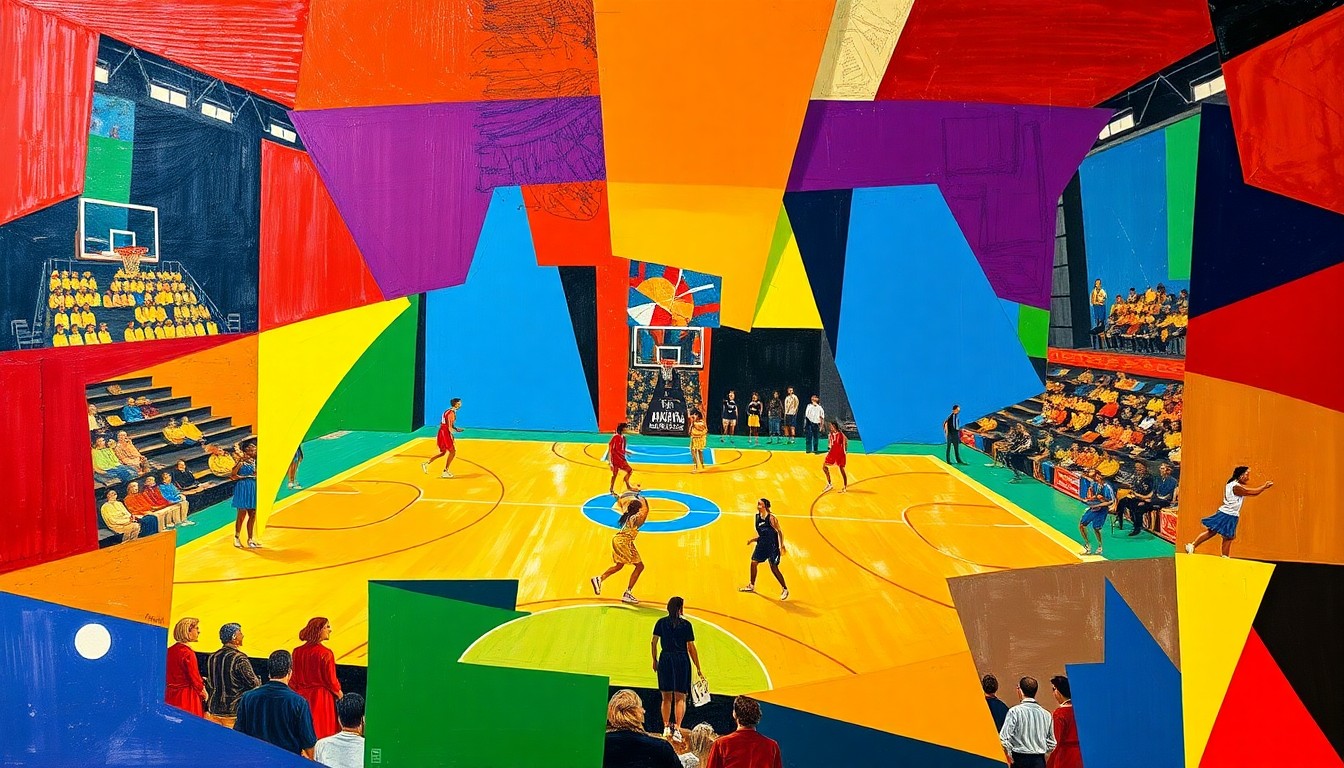 A cubist-style painting featuring fragmented geometric shapes in bright blue, red, and yellow, conceptually representing the dynamic energy and strategy of a women's basketball game.
