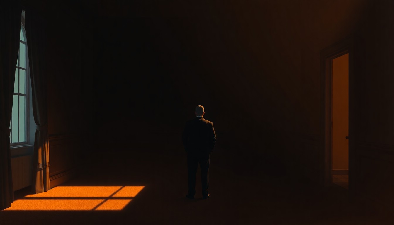 A cinematic painting of a lone politician standing in a dimly lit government office, the space bathed in warm, diagonal sunlight and deep shadows, conceptually representing the political tensions in Wisconsin's divided government.