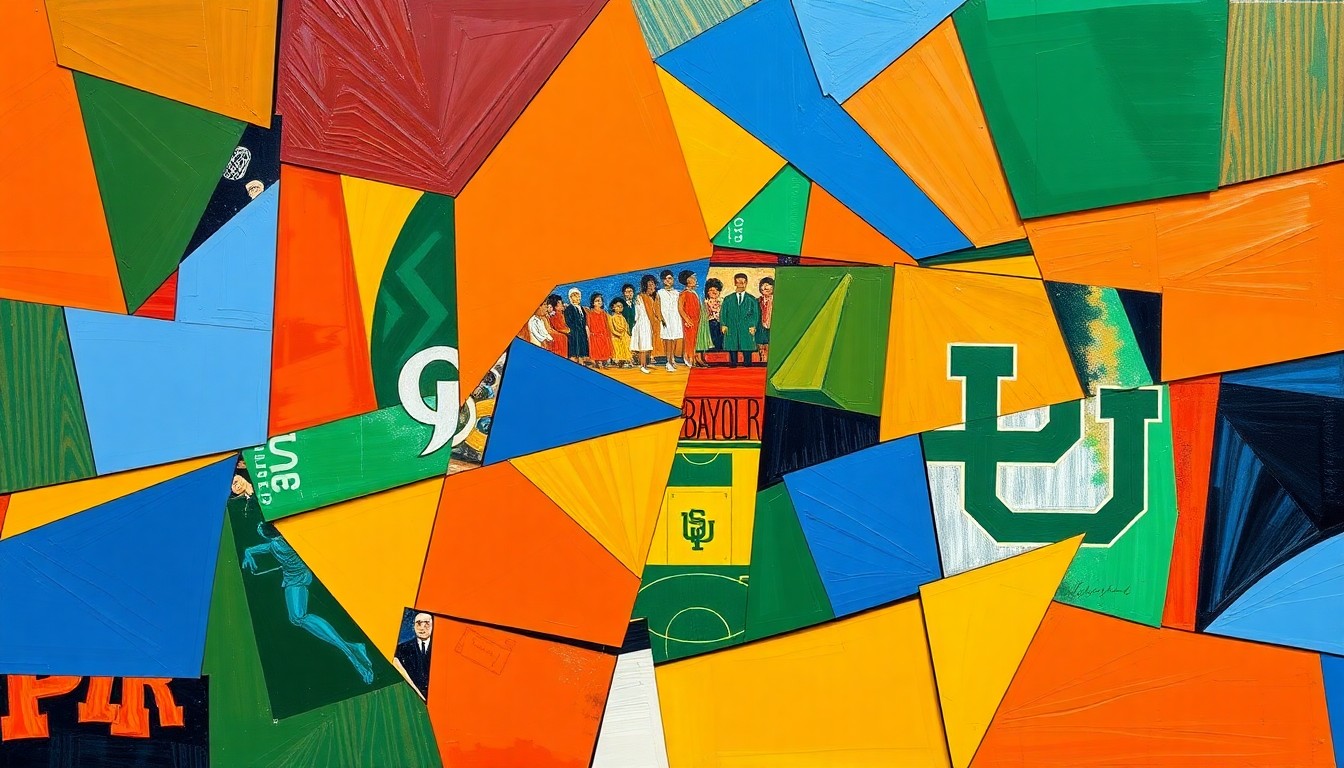 A cubist, geometric painting depicting a college basketball game in motion, with overlapping planes of orange, blue, and green representing the players and action on the court.