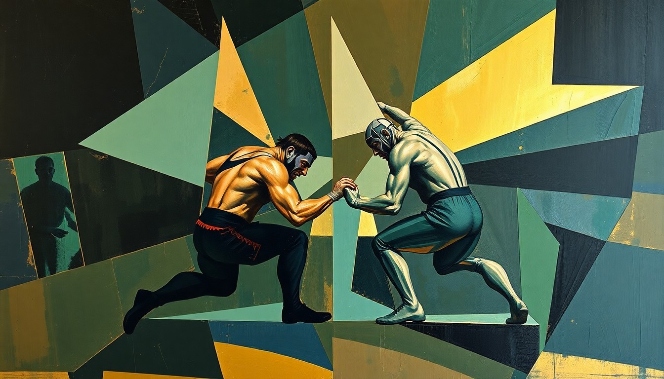 A cubist, geometric painting depicting a wrestling match broken down into overlapping planes of navy, forest green, and gold, conveying the intellectual and athletic achievements of the student-athletes.