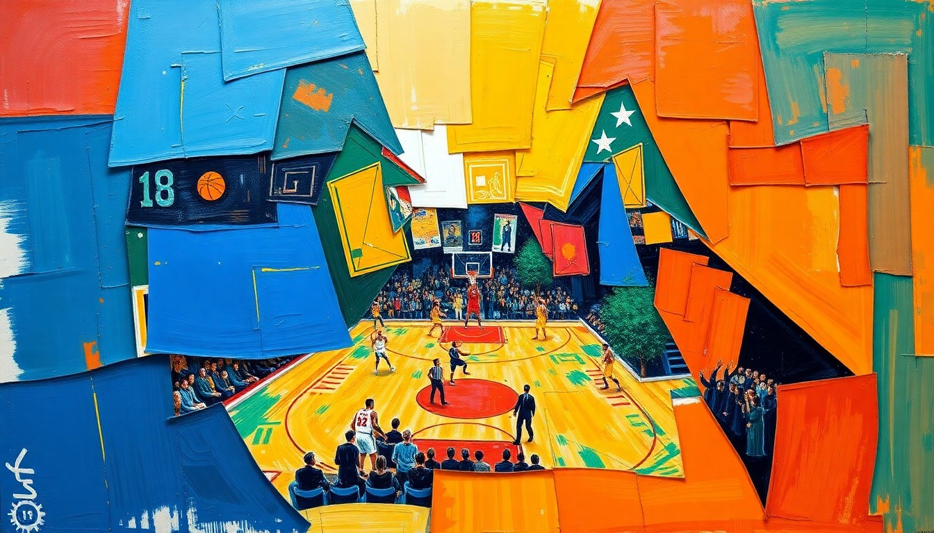 A cubist, geometric painting depicting the dynamic action of a basketball game, with sharp, overlapping planes of color representing the players, ball, and court.