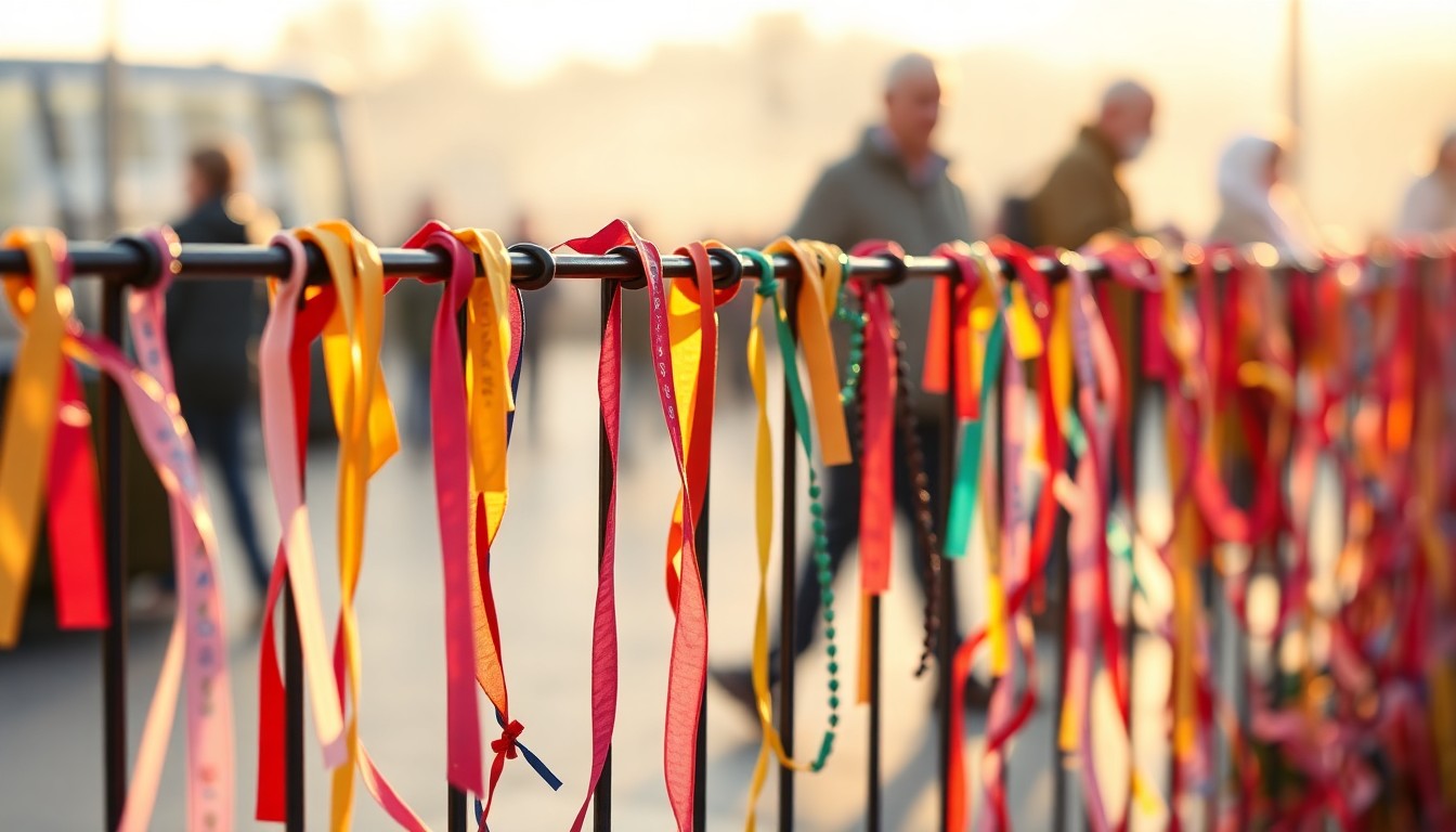 An abstract, out-of-focus photograph featuring a fence covered in a variety of colorful prayer ribbons, with blurred silhouettes of people walking by in the background, conveying a sense of contemplation and community.