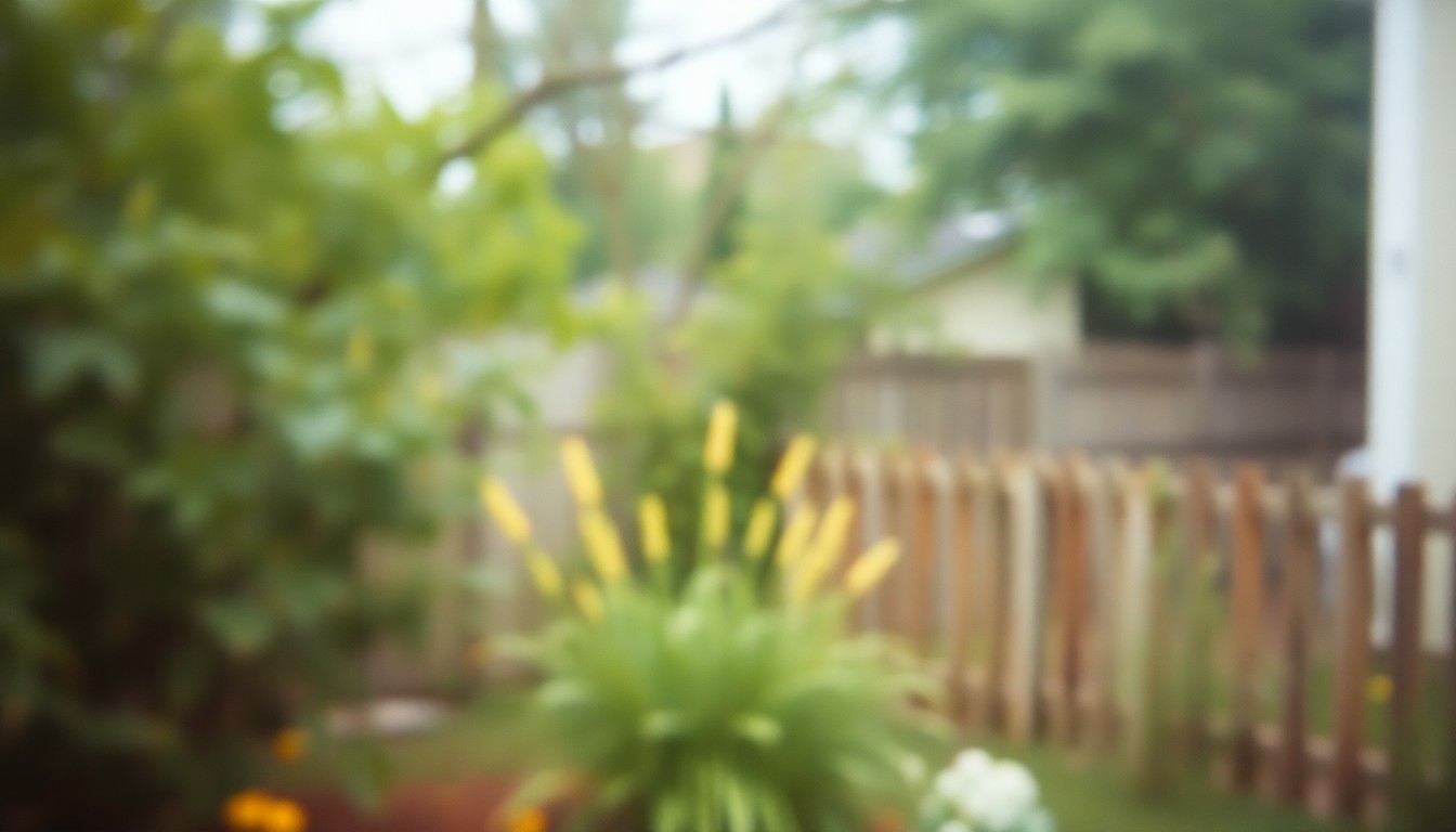 An impressionistic, out-of-focus photograph in soft, warm tones depicting a blurred backyard scene with greenery and a wooden fence, conveying the ideal conditions for spring pests to thrive.