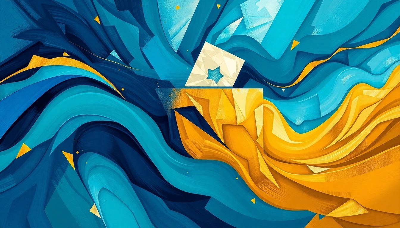 A vibrant, abstract painting featuring overlapping, geometric shapes and waves of deep blue, teal, and gold, conceptually representing the political energy and civic engagement of Wisconsin's Muslim community ahead of the upcoming election.