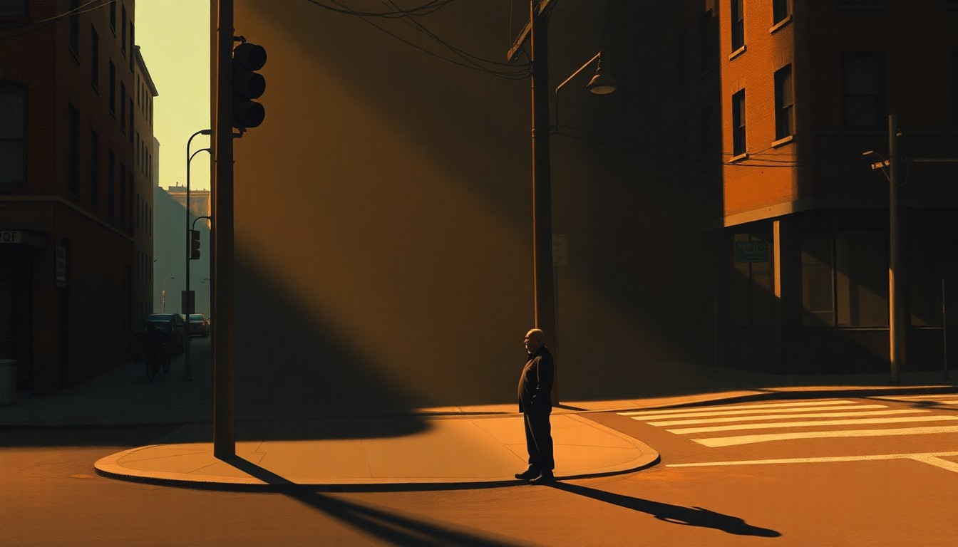 A solitary figure standing alone on a city street corner, the scene bathed in warm, diagonal sunlight and deep shadows, conceptually representing the struggle of an immigrant seeking citizenship.
