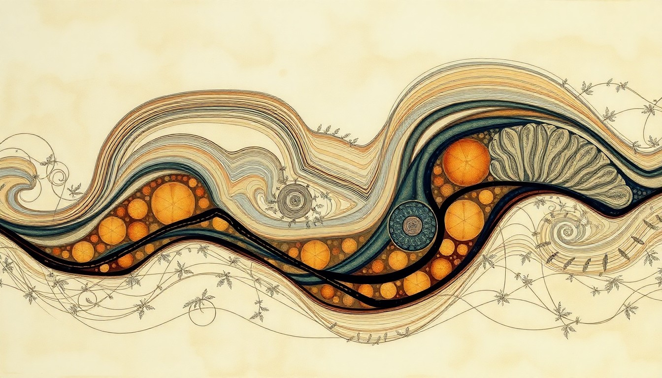 A highly textured, abstract painting in soft greens, blues, and browns, featuring sweeping geometric shapes and precise botanical spirals, conceptually representing the complex balance of a mountain river ecosystem.