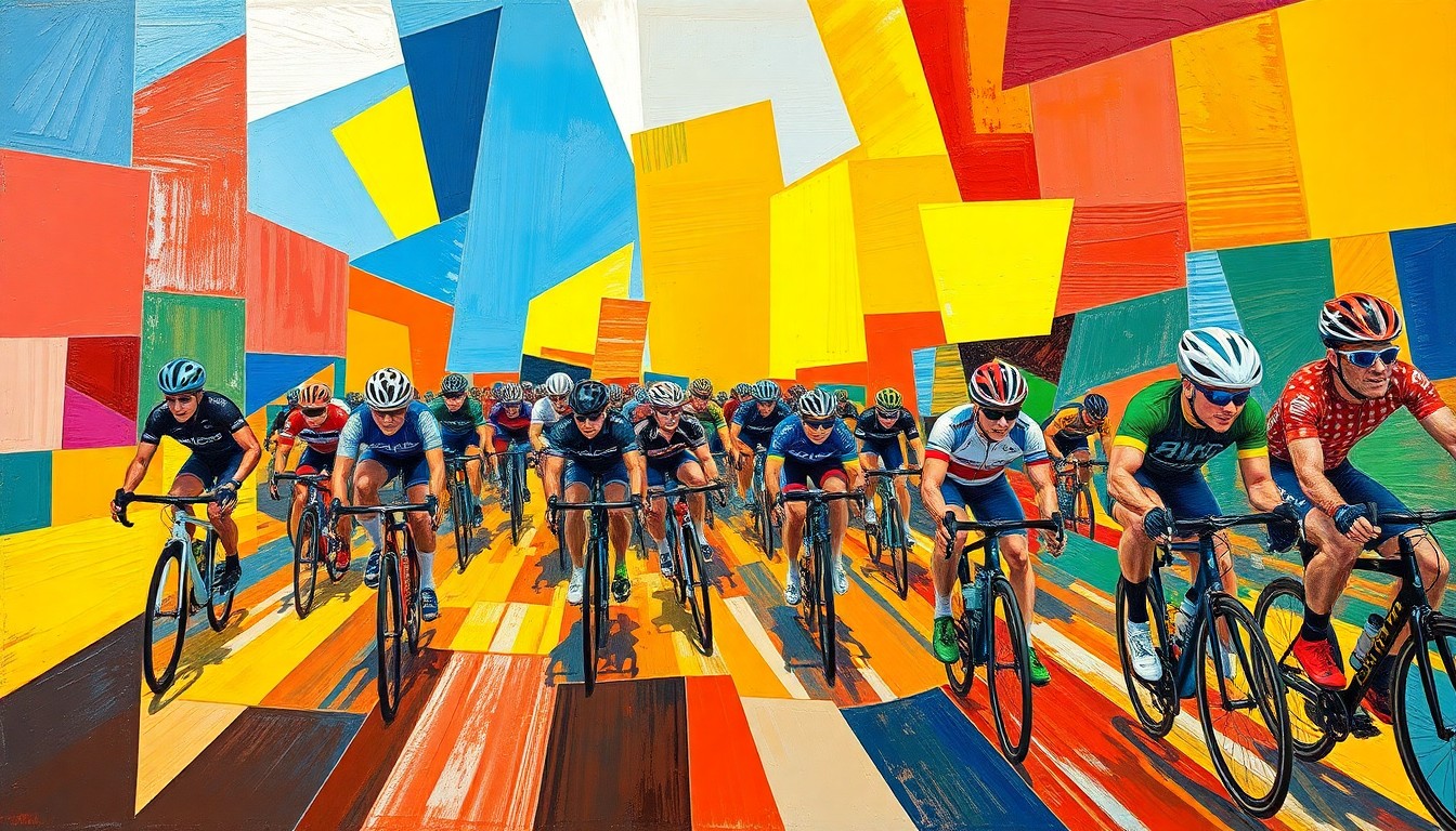 A fractured, multi-perspective painting depicting a cycling peloton in motion, with sharp, overlapping geometric planes of vibrant colors representing the energy and movement of the iconic Iowa bike ride.