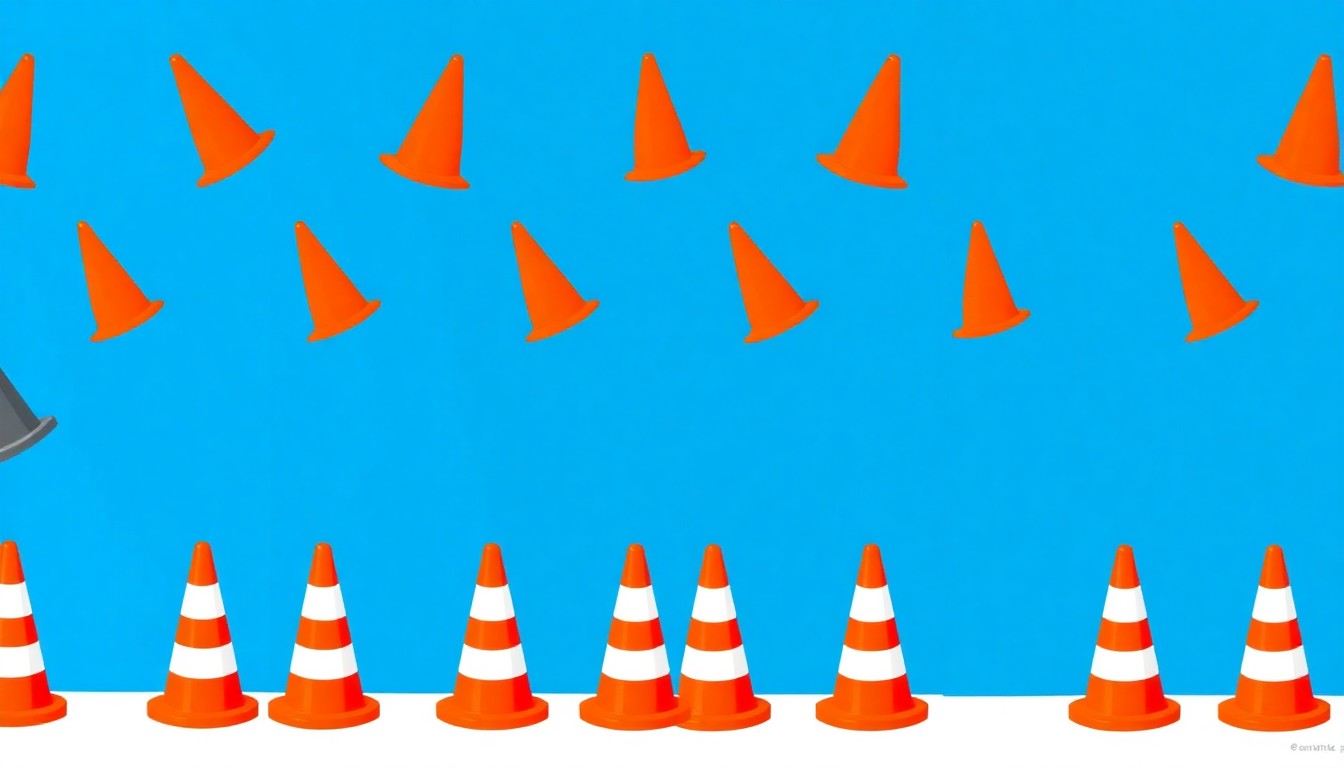 A vibrant, abstract pattern of bright orange construction cones repeated in a grid against a solid blue background, conveying the temporary nature of road work through a modern pop art style.