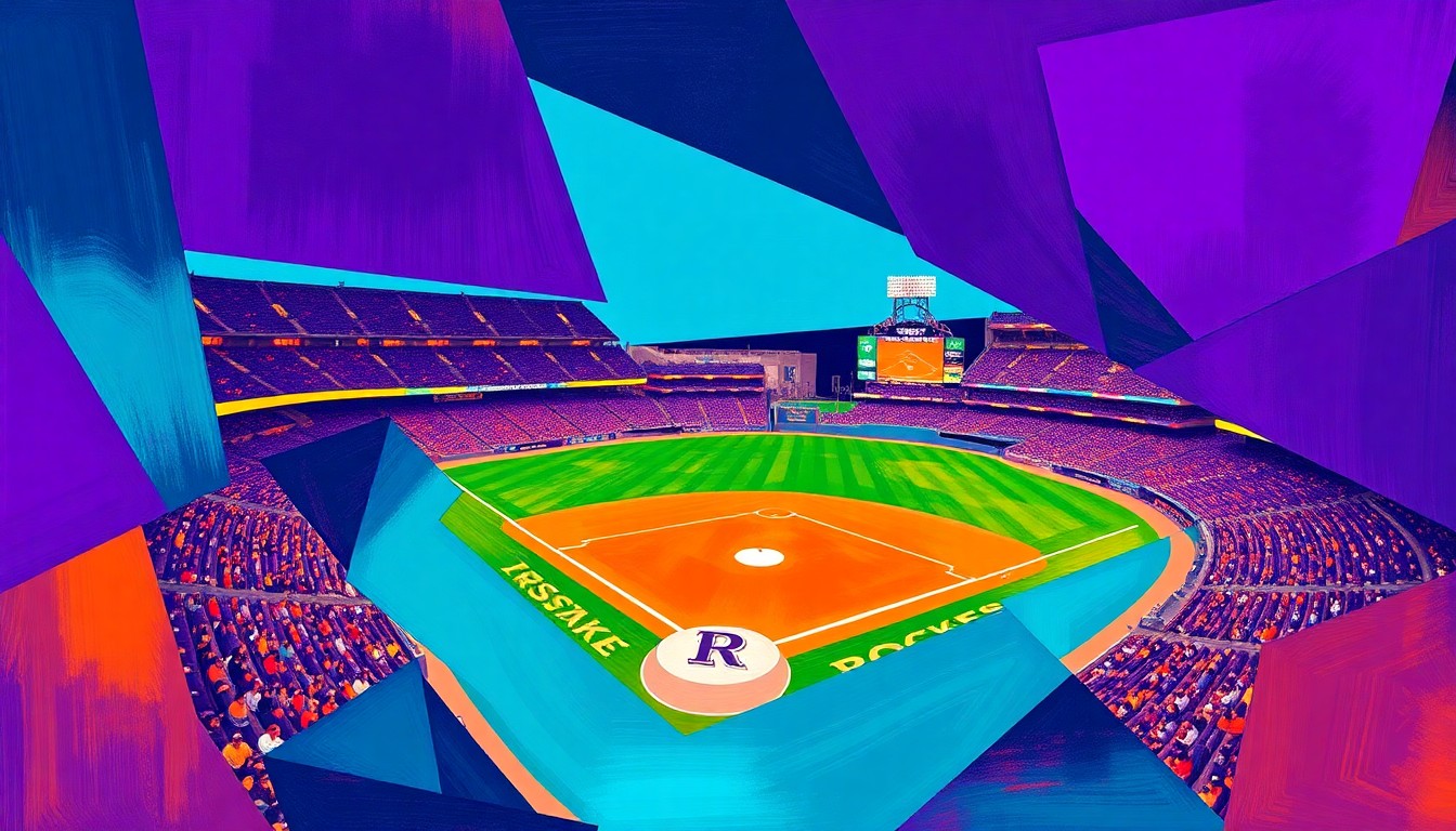 A cubist, geometric painting depicting a Rockies baseball game in progress, with players and the field broken down into overlapping, angular shapes in shades of purple, teal, and orange, capturing the energy and emotion of the home opener.