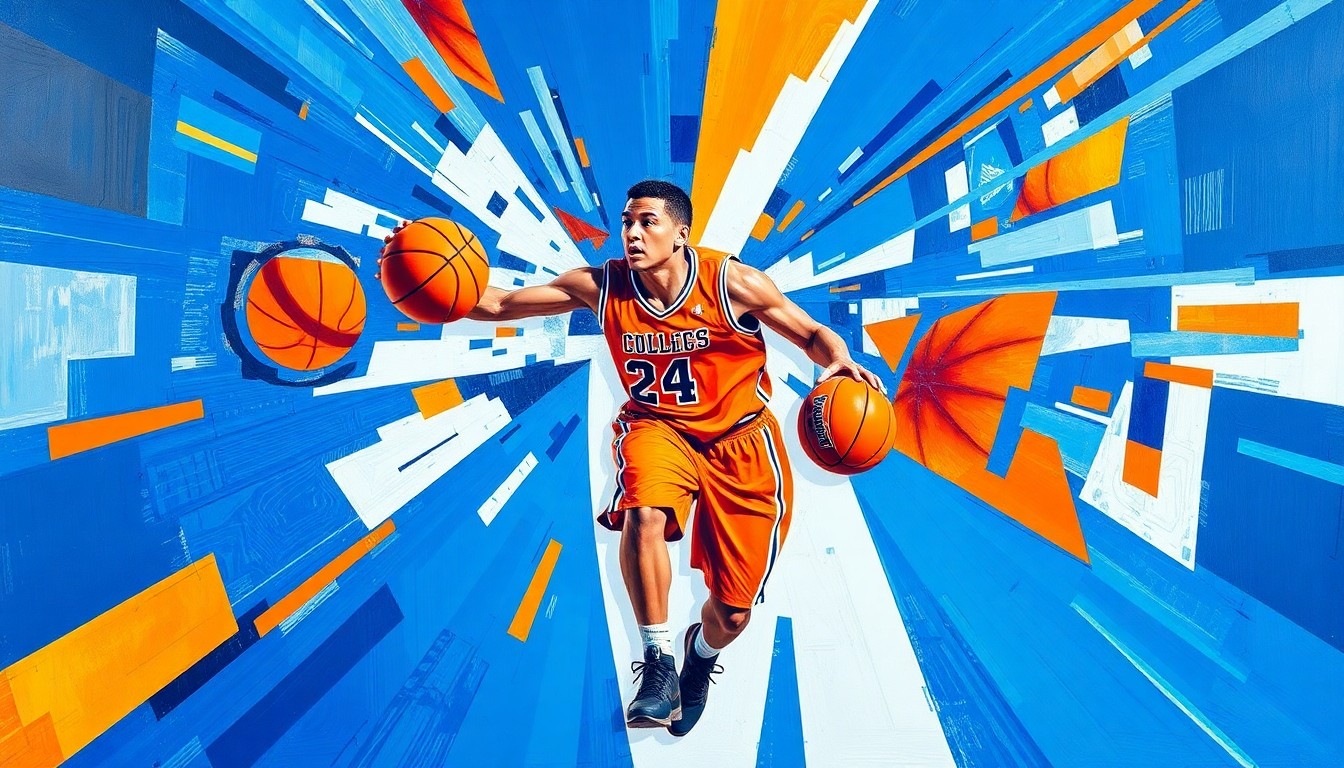 A fragmented, geometric painting depicting the abstract journey of a college basketball player, with sharp planes of blue, orange, and white hues overlapping to create a dynamic, multi-perspective visual.