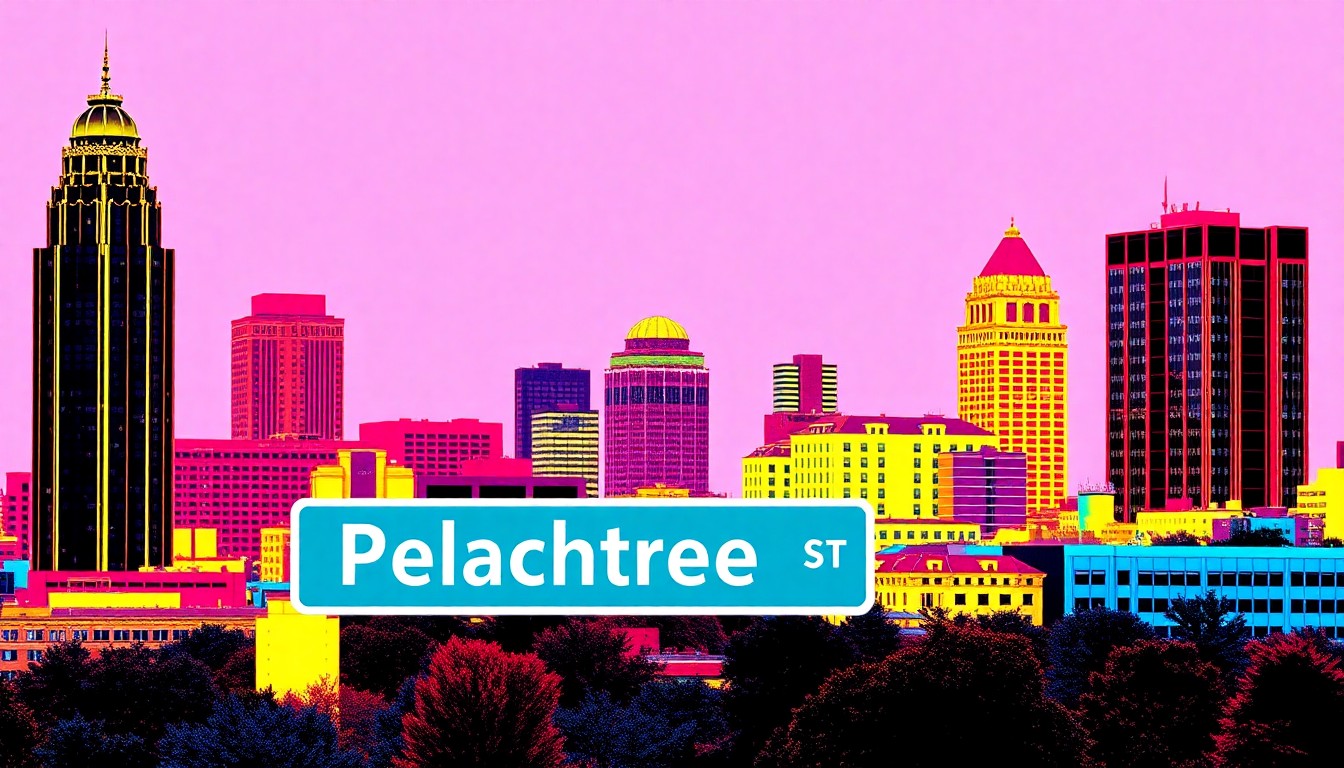 A brightly colored, high-contrast silkscreen print of the iconic Peachtree Street sign repeated in a tight grid pattern, capturing the celebratory and creative spirit of the 404 Day events in Atlanta.