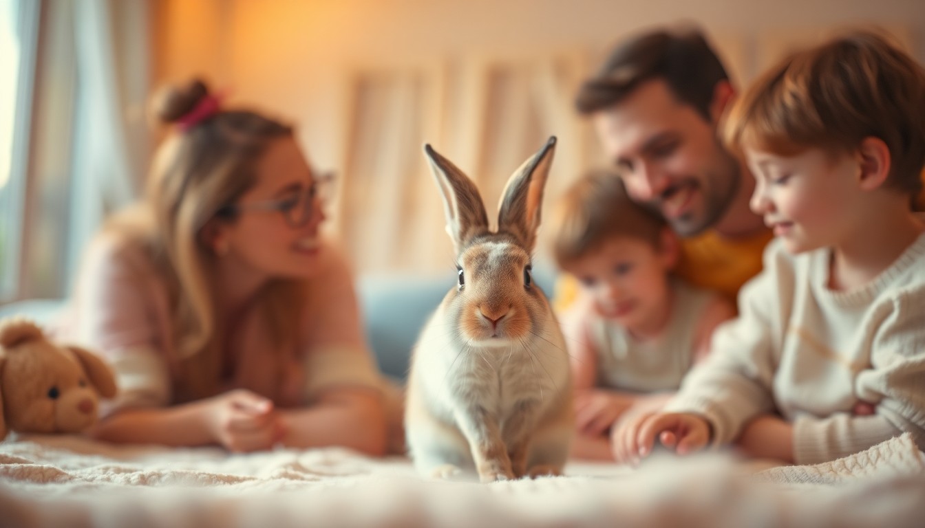 A soft, blurred photograph in warm, pastel tones depicting a family petting a rabbit in a cozy indoor setting, conveying the intimate connection between people and rabbits while also hinting at the challenges of rabbit ownership.