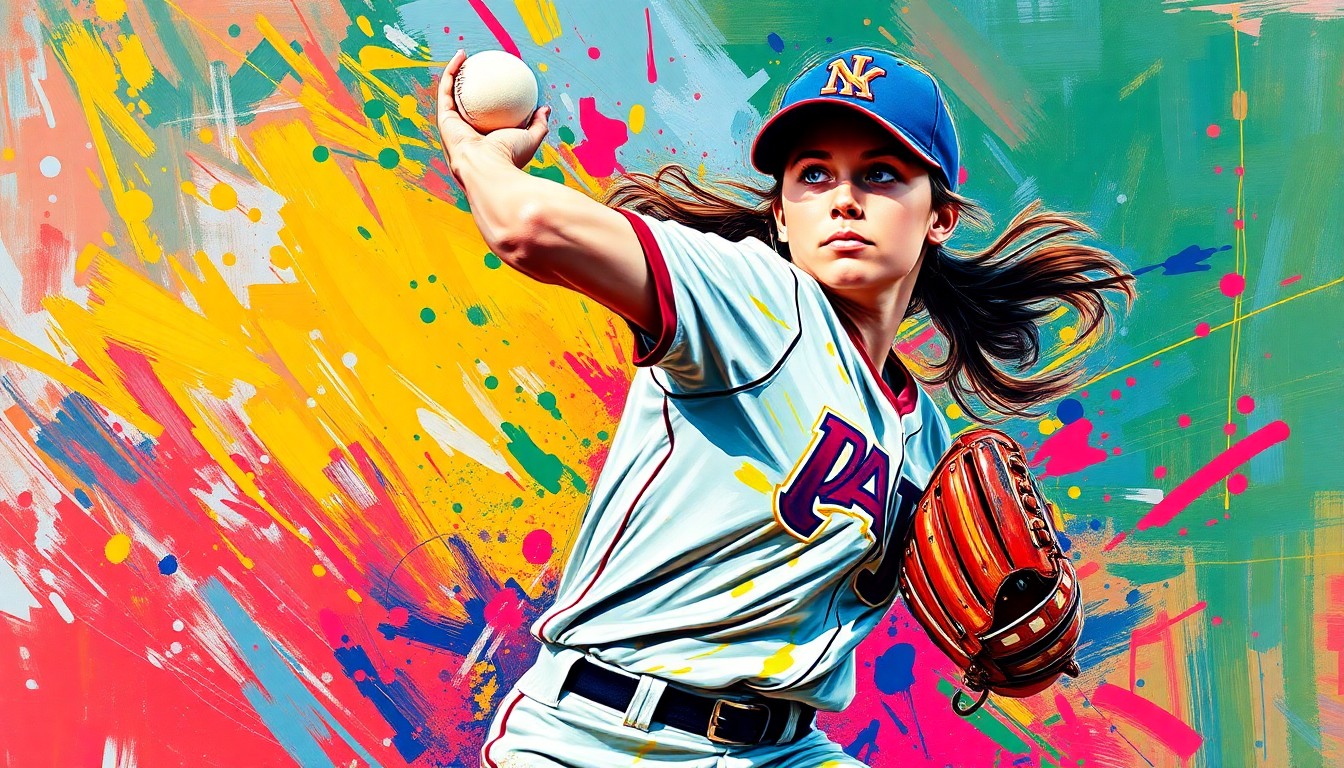 An extreme close-up of a high school softball pitcher mid-windup, with the player's face and uniform blurred into a dynamic, colorful expressionist painting capturing the raw power and athleticism of the moment.