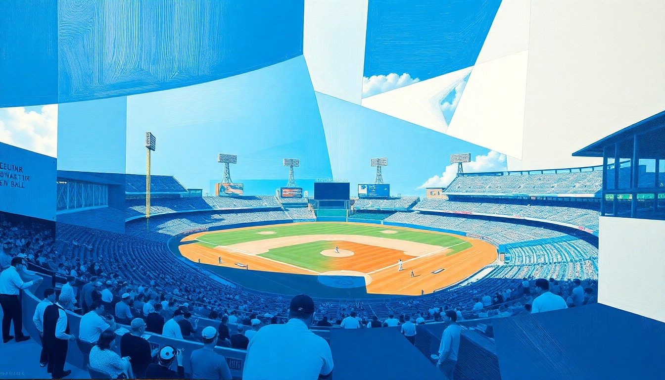 A fragmented, geometric painting depicting a baseball game in progress, with players and the field broken down into overlapping planes of royal blue, powder blue, and white.