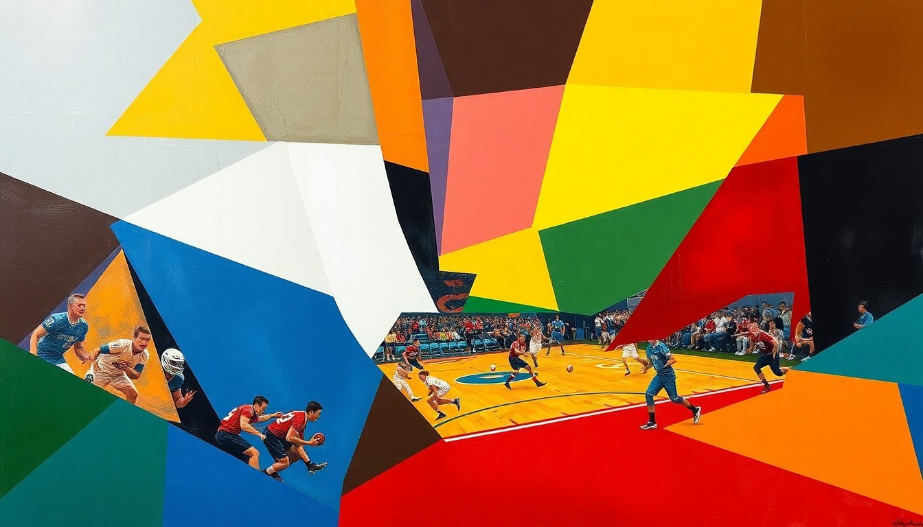 A cubist, geometric painting depicting the dynamic movements and energy of a high school sports competition, with sharp planes of the official Darlington High School team colors.