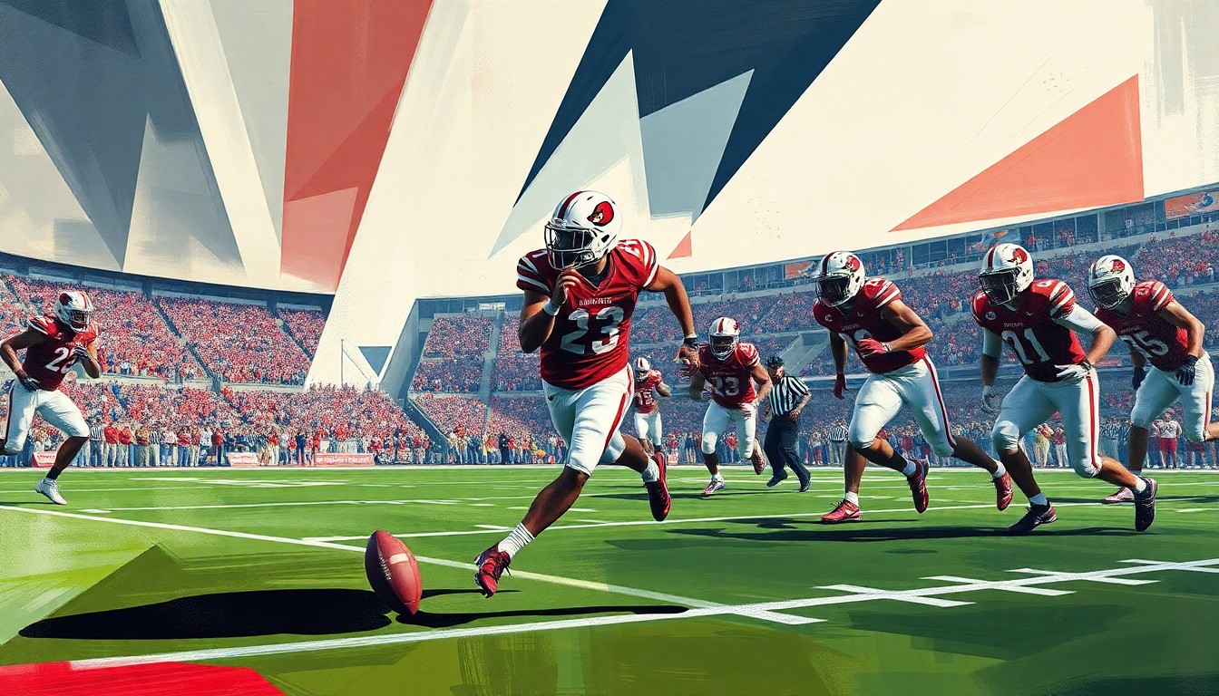 A cubist, geometric painting depicting a Louisville football safety in motion, with the player's body and the field fractured into sharp, overlapping planes of color, conveying the intensity and energy of the game.