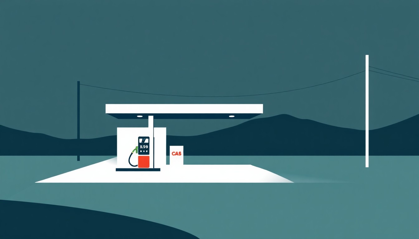 A geometric abstract illustration using bold shapes in shades of blue, green, and gray to conceptually represent the high costs of operating a remote gas station on generators.