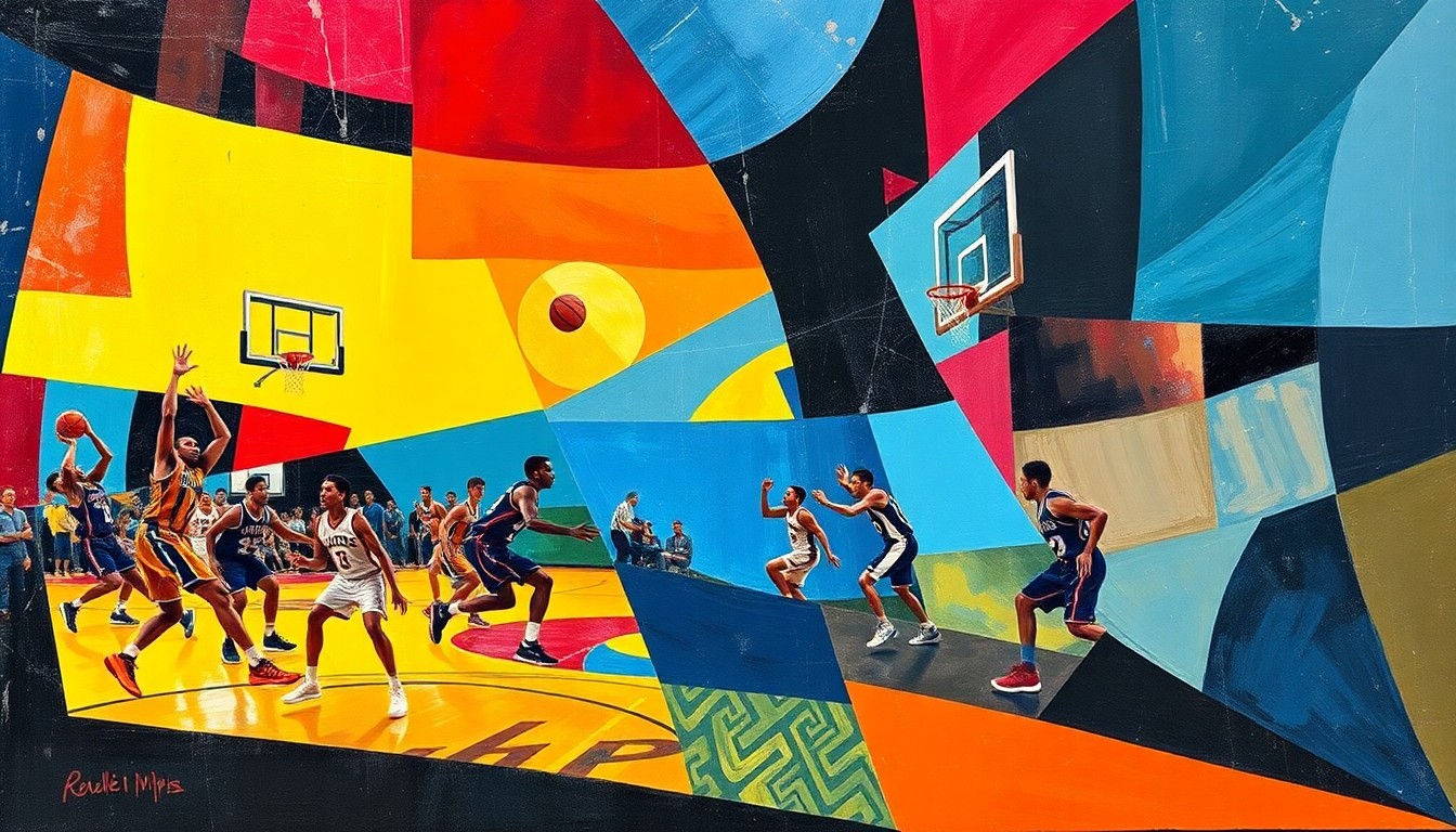 A cubist-style painting depicting a high school basketball game, with the players and court broken down into sharp, geometric shapes and planes of vibrant colors, capturing the energy and movement of the game.