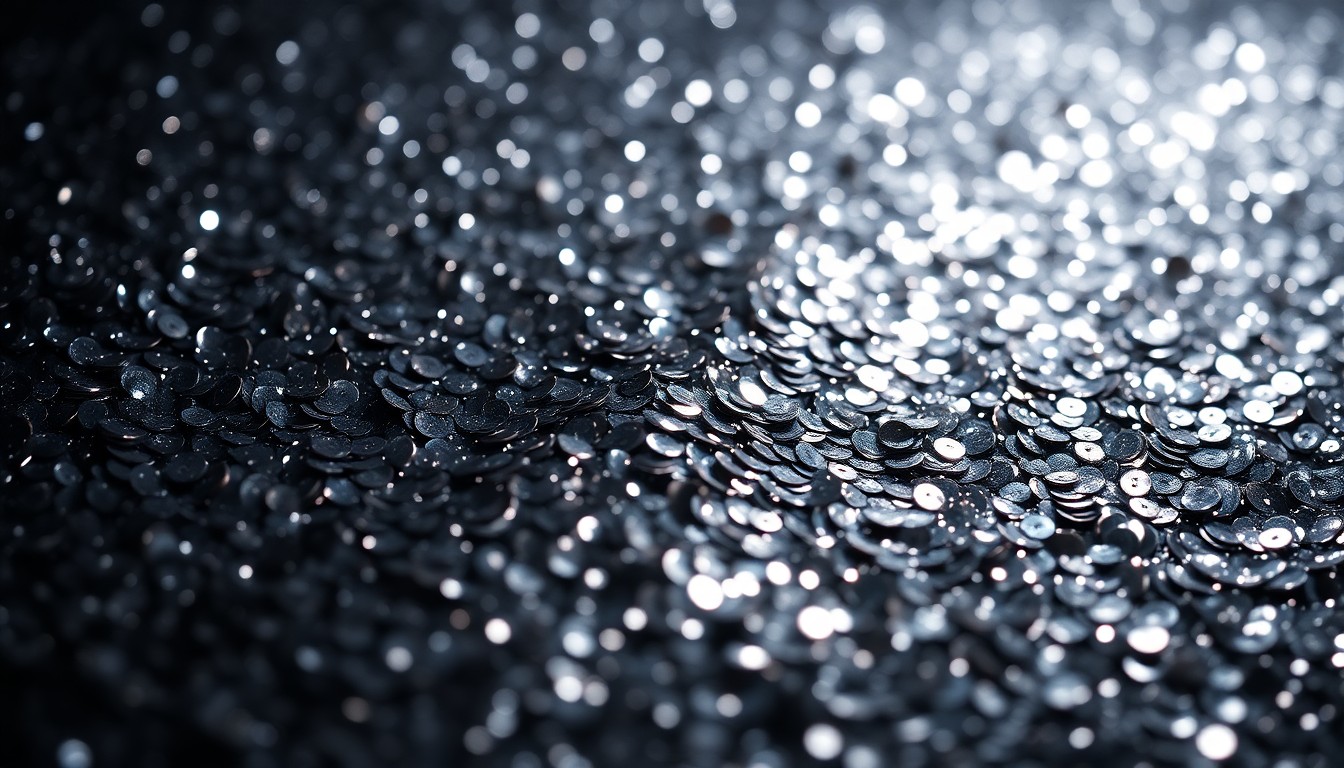 An abstract close-up photograph of glittering sequins in high-contrast studio lighting, conveying the glamour and celebrity culture that once defined Jen Shah's life before her legal troubles.