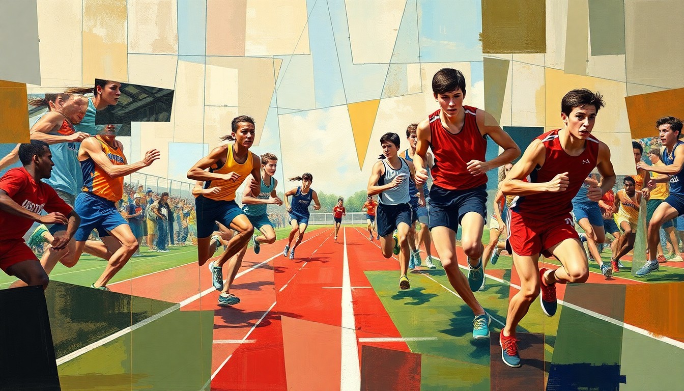 A fragmented, geometric painting depicting various track and field events and athletes in motion, with no recognizable faces or identities.