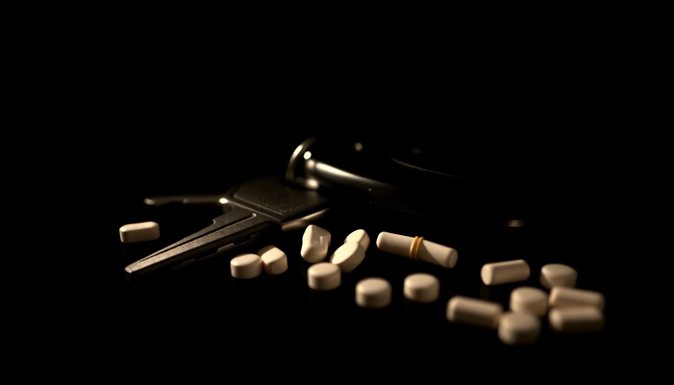 An extreme close-up photograph of Tiger Woods' car keys and hydrocodone pills found at the scene of the crash, creating a stark, gritty, investigative aesthetic.