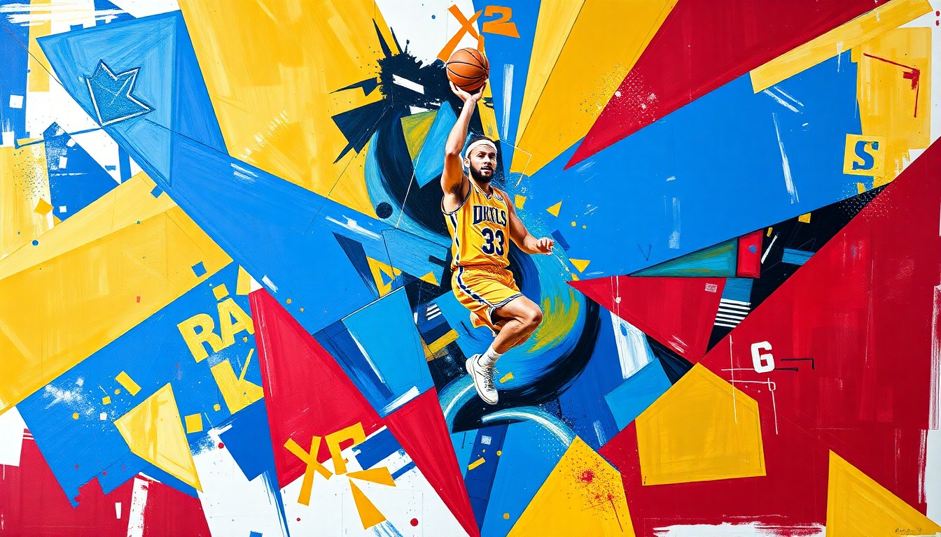 A cubist, geometric painting depicting a basketball player's movements and skills through fragmented, overlapping shapes and planes in vibrant colors.