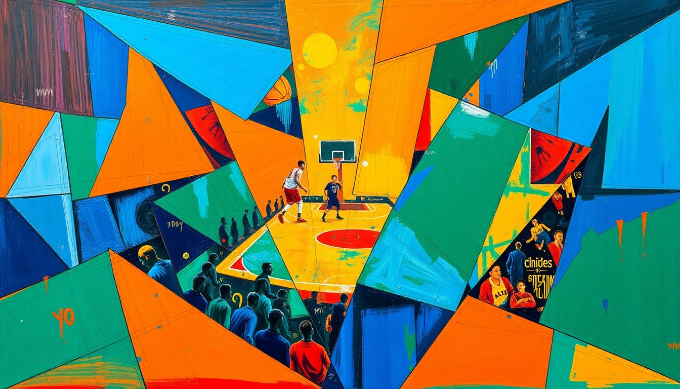 A cubist, geometric painting featuring overlapping shapes and planes in vibrant colors, conceptually representing the Nets' evaluation of different draft prospects and how they might fit into the team's future.