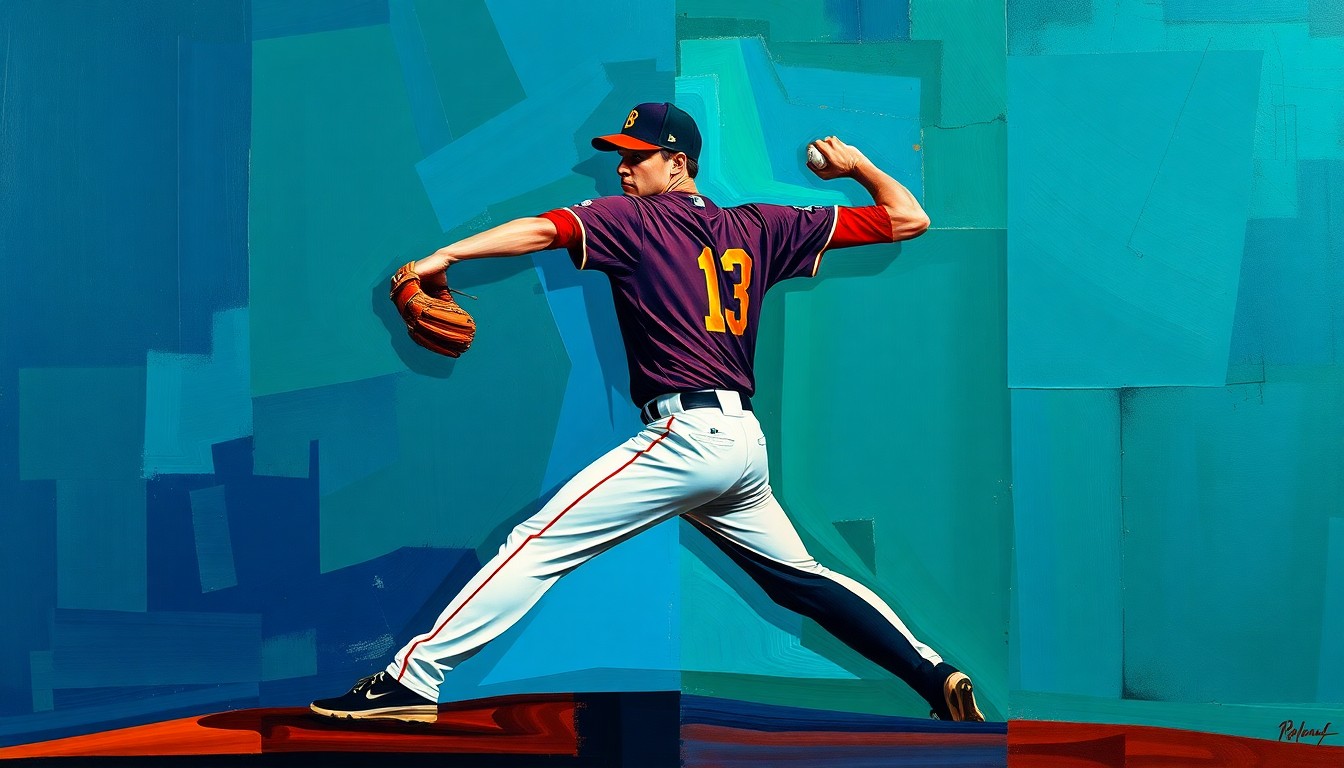 A cubist, geometric painting depicting a baseball pitcher's motion broken down into overlapping planes of navy, green, and orange, conceptually representing the dominant nature of the Brewers' opening day victory.