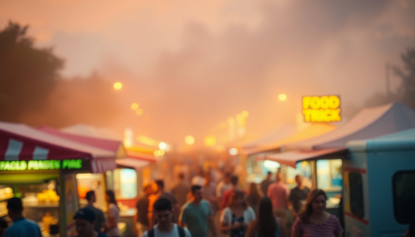 A blurred, impressionistic photograph showing the vibrant colors and energy of a bustling food truck festival, with the details of the scene softened into a dreamlike, atmospheric composition.