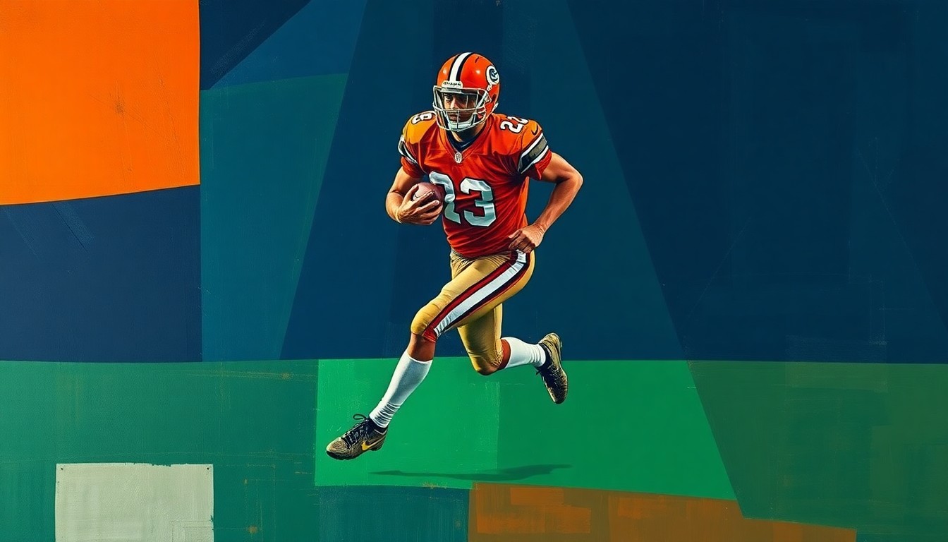 A cubist-style painting depicting a football player in mid-stride, broken down into sharp, overlapping geometric shapes in navy, green, and orange, conveying the dynamic energy of the sport.
