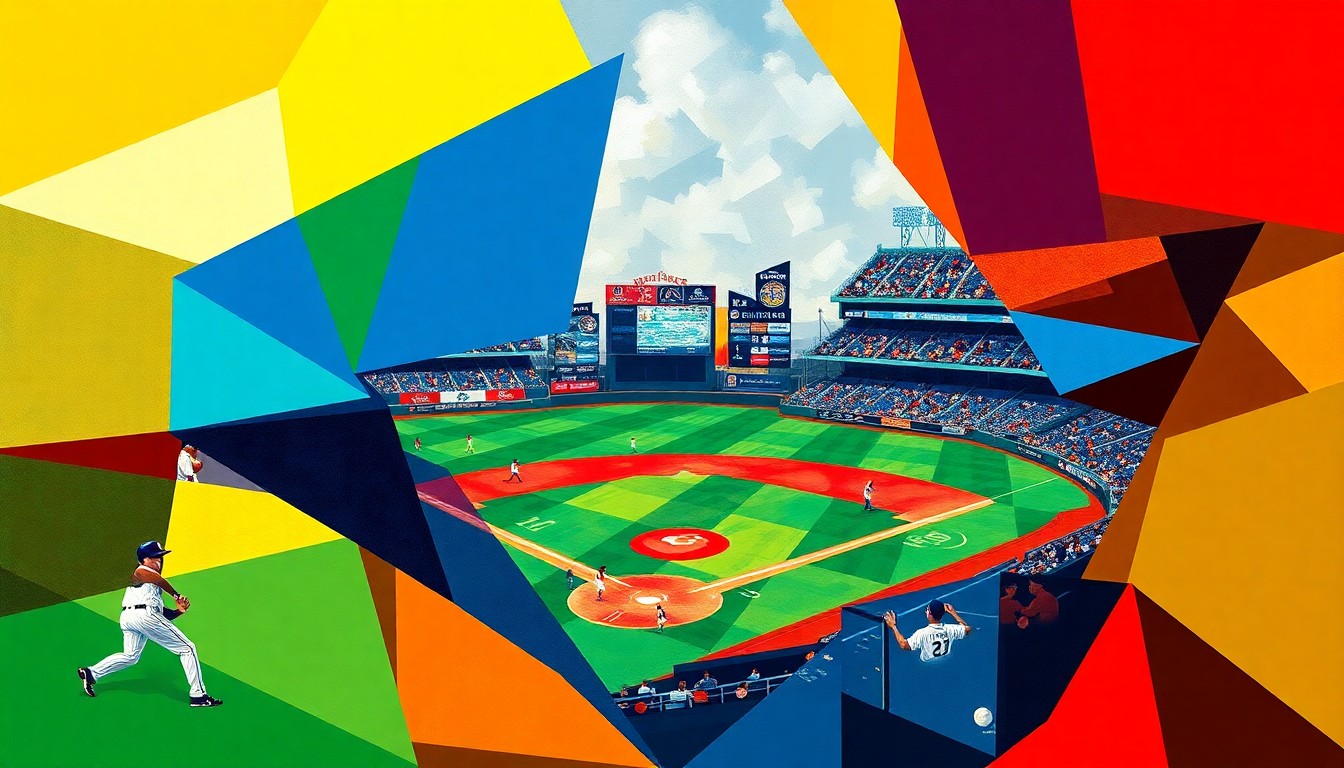 A fragmented, geometric painting in vibrant colors depicting the overlapping shapes and perspectives of a baseball game, conveying the sport's fast-paced intensity.