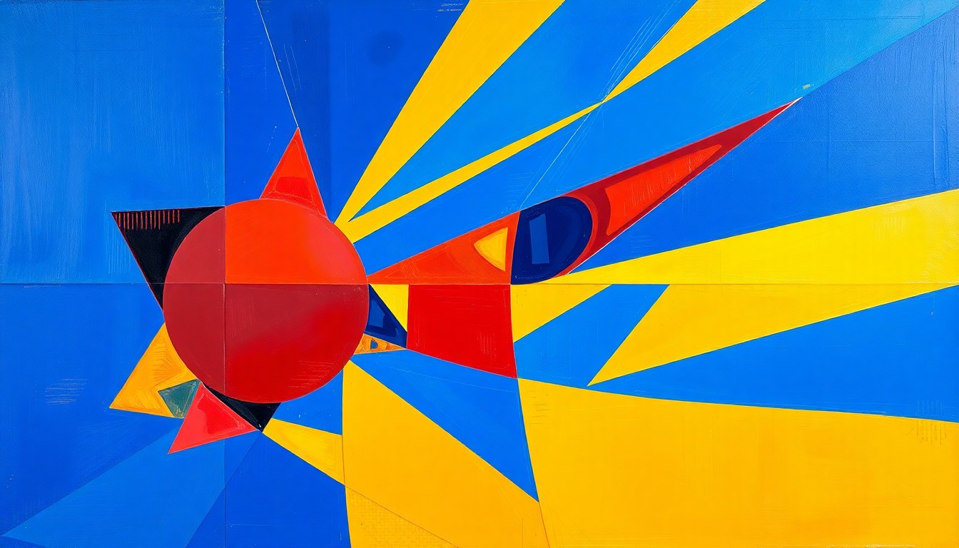 A cubist, geometric painting depicting a basketball player in motion, with the ball and player's limbs broken down into overlapping planes of color, capturing the energy and dynamism of the record-breaking performance.