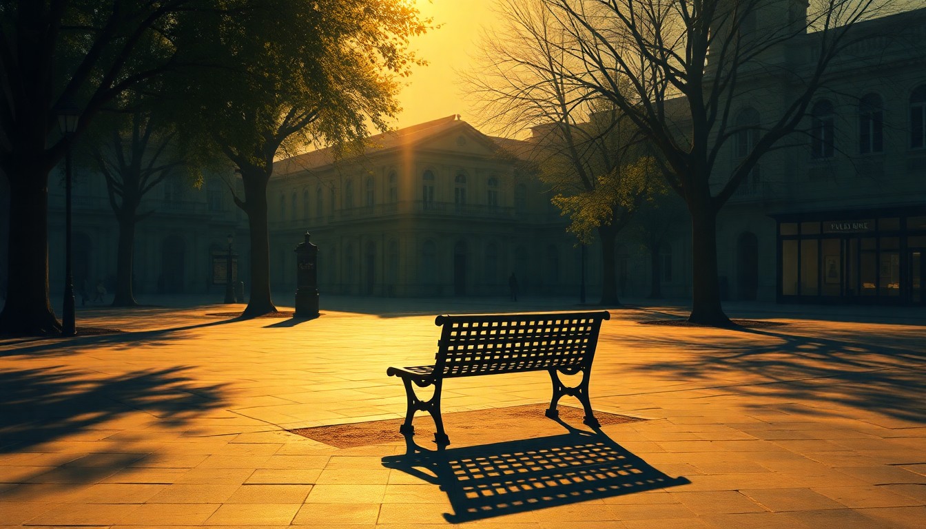 A serene, cinematic painting of an empty park bench in a public square, with warm sunlight casting long shadows across the scene, conveying a sense of quiet contemplation and remembrance.