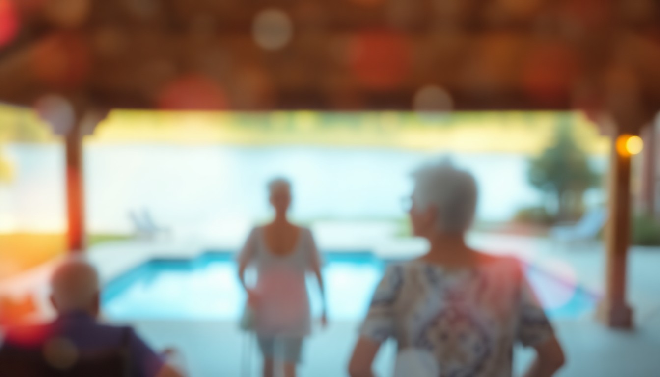 An extremely blurred, impressionistic photograph of a couple walking along a path near a lake, with the water and surrounding foliage rendered in soft, hazy pools of warm color and light, conveying a sense of tranquility and relaxation.