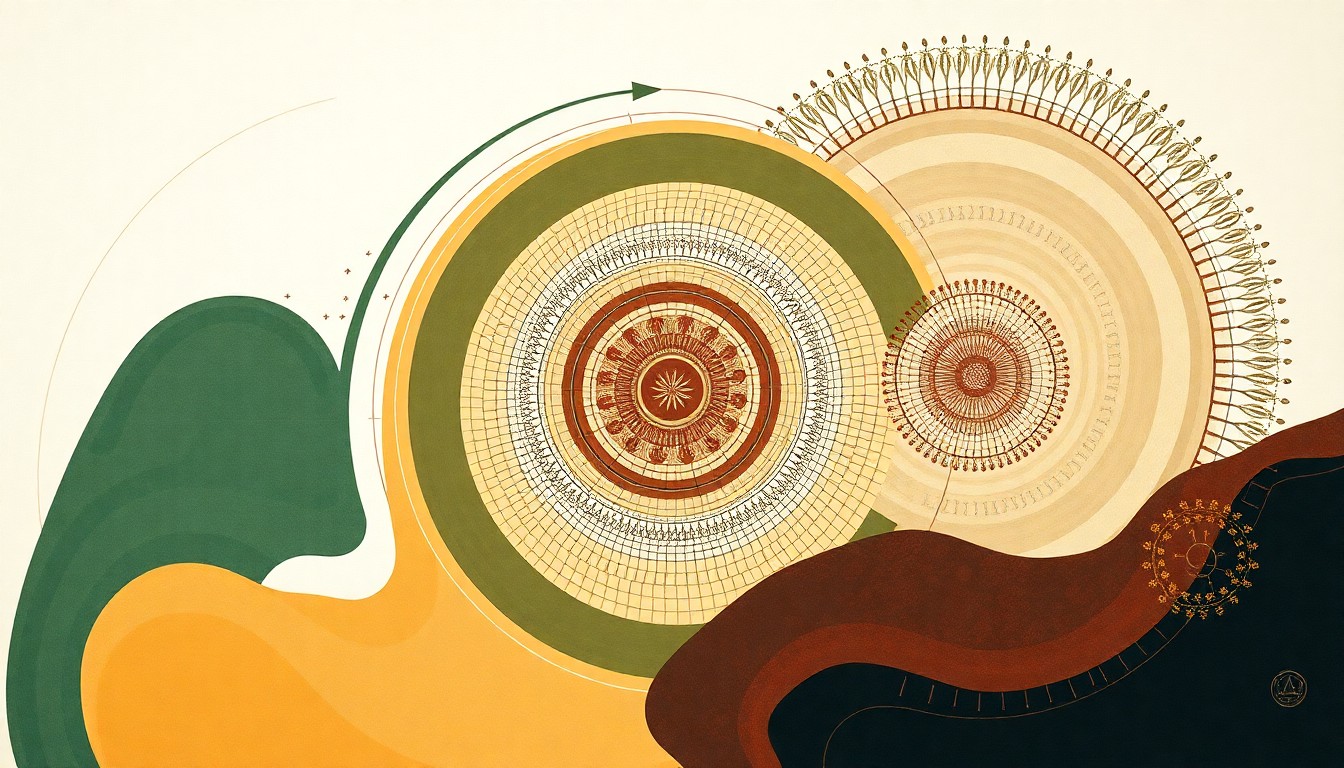 A bold, highly structured abstract painting in muted earth tones, featuring sweeping geometric arcs, concentric circular patterns, and precise botanical spirals, conceptually representing the complex biological mechanisms behind a contagious skin disease affecting mountain goats.