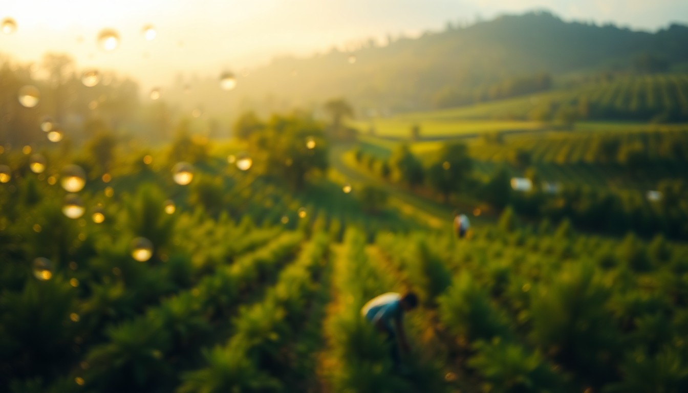 An impressionistic, out-of-focus scene of people planting trees in a lush, green landscape, with warm, golden light filtering through the foliage.