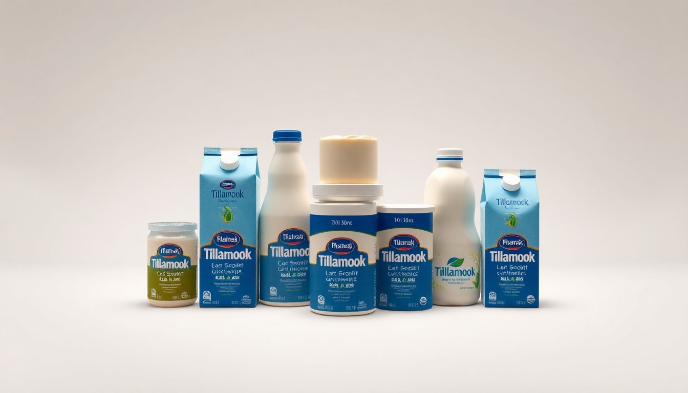 A photorealistic studio still life featuring a stack of Tillamook dairy products arranged elegantly on a clean, white background, using dramatic lighting and shadows to conceptually represent the abstract issues of corporate sustainability and greenwashing.