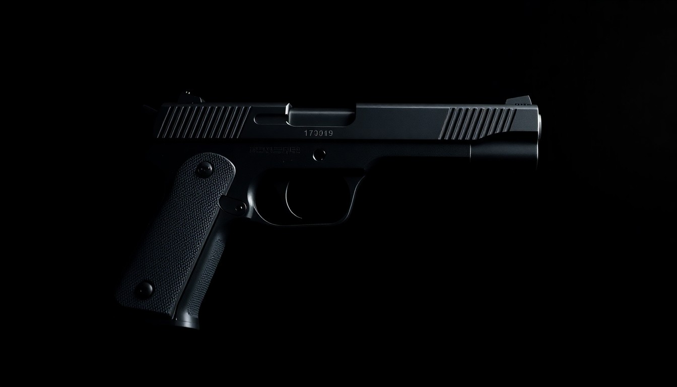 An extreme close-up photograph of a realistic-looking replica pistol, its metallic surface and details sharply illuminated against a stark black background, conveying the dangerous nature of these types of crimes.