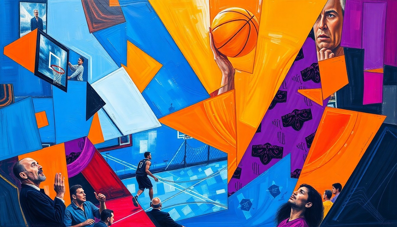 A cubist, geometric painting depicting a fragmented basketball game, with sharp planes of color representing the dynamic action on the court.