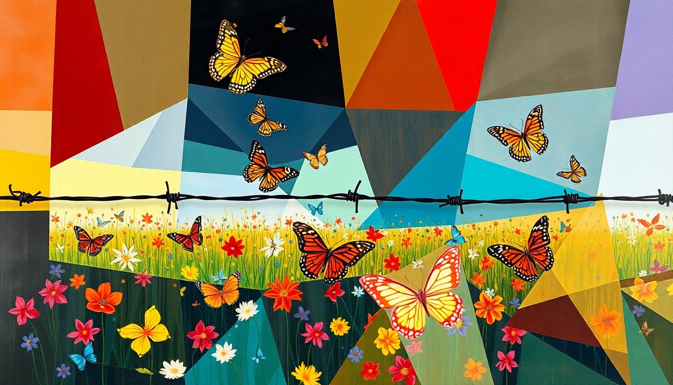 An abstract, overlapping geometric painting in bright colors showing a barbed wire fence cutting through a field of butterflies, conceptually representing the tension between border security and environmental conservation.
