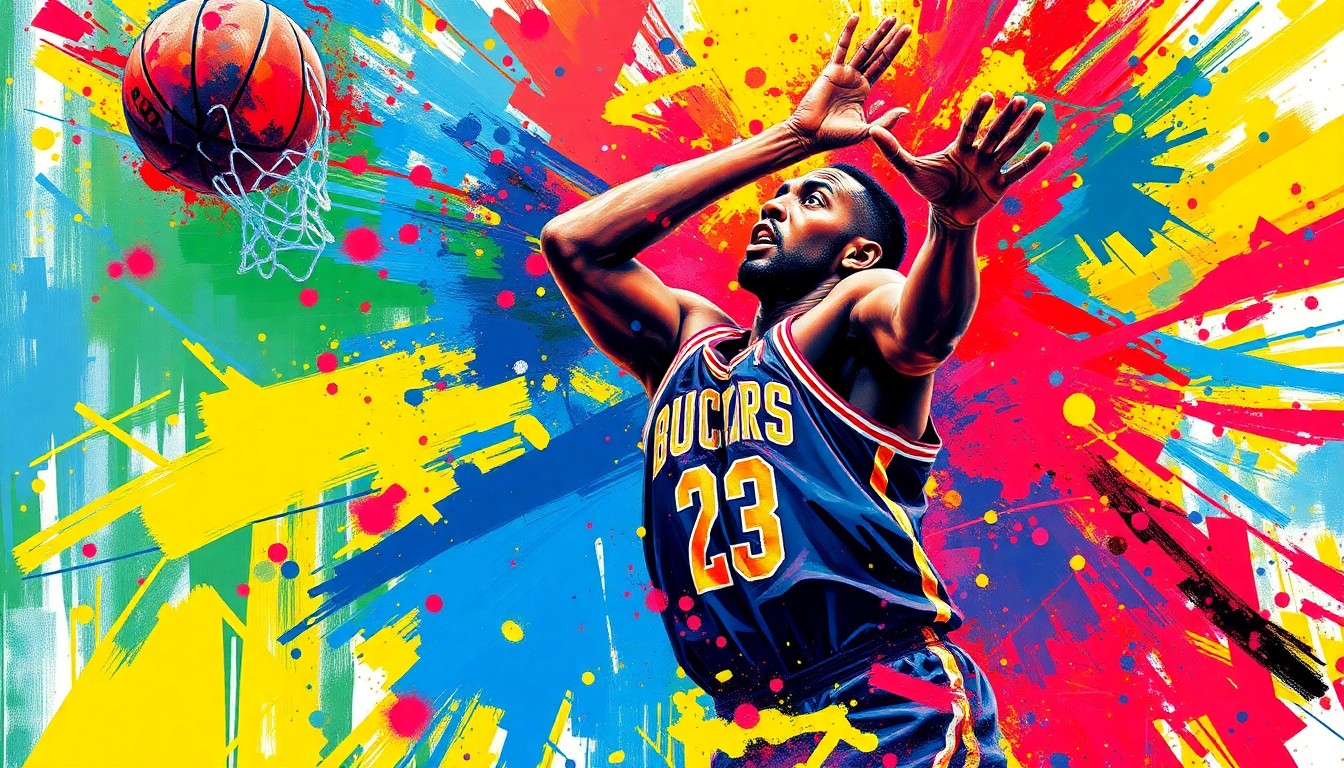 An expressionist painting in vibrant neon colors depicting the shooting motion of a basketball player, with the player's features dissolving into abstract brushstrokes.