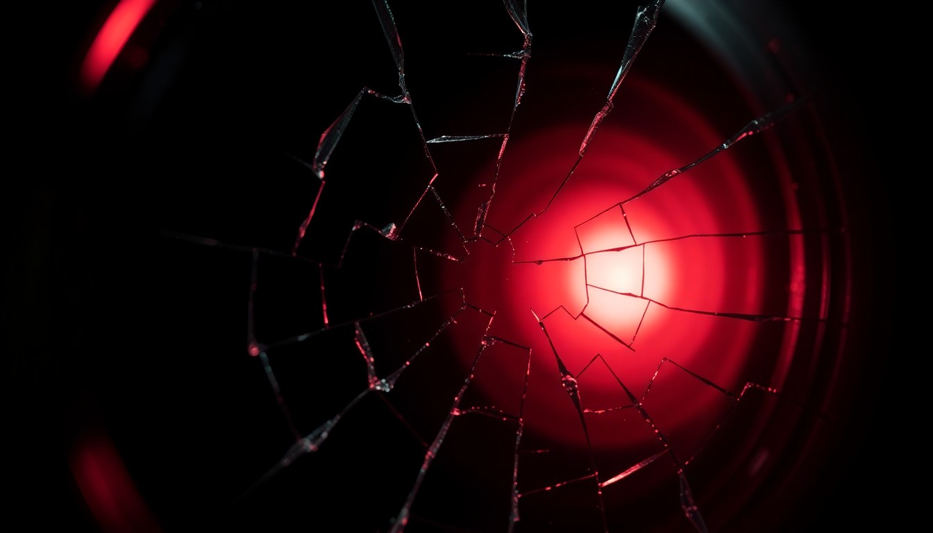 An abstract close-up photograph of a cracked and shattered medical instrument lens, reflecting a faint red glow under dramatic, high-contrast lighting, conceptually representing the high-stakes, high-pressure environment of a hospital's overnight staff.