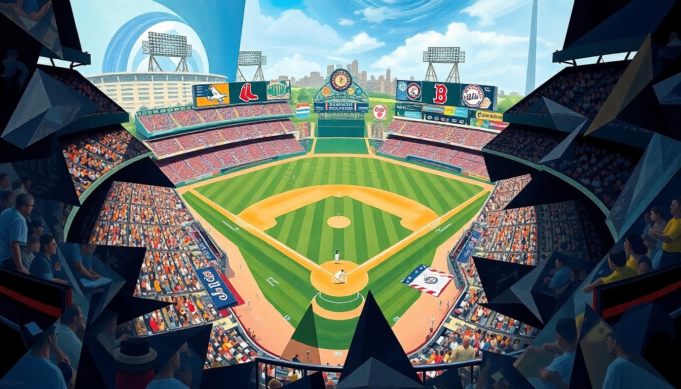 A fractured, geometric painting depicting the dynamic movements and energy of a baseball game, with the players and stadium architecture broken down into abstract shapes and angles.